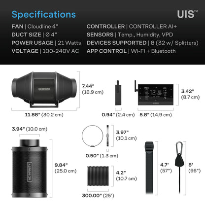 ***PRE ORDER*** Air Filtration Kit 4" with AI Environment Controller, Upgraded Inline Fan, Carbon Filter