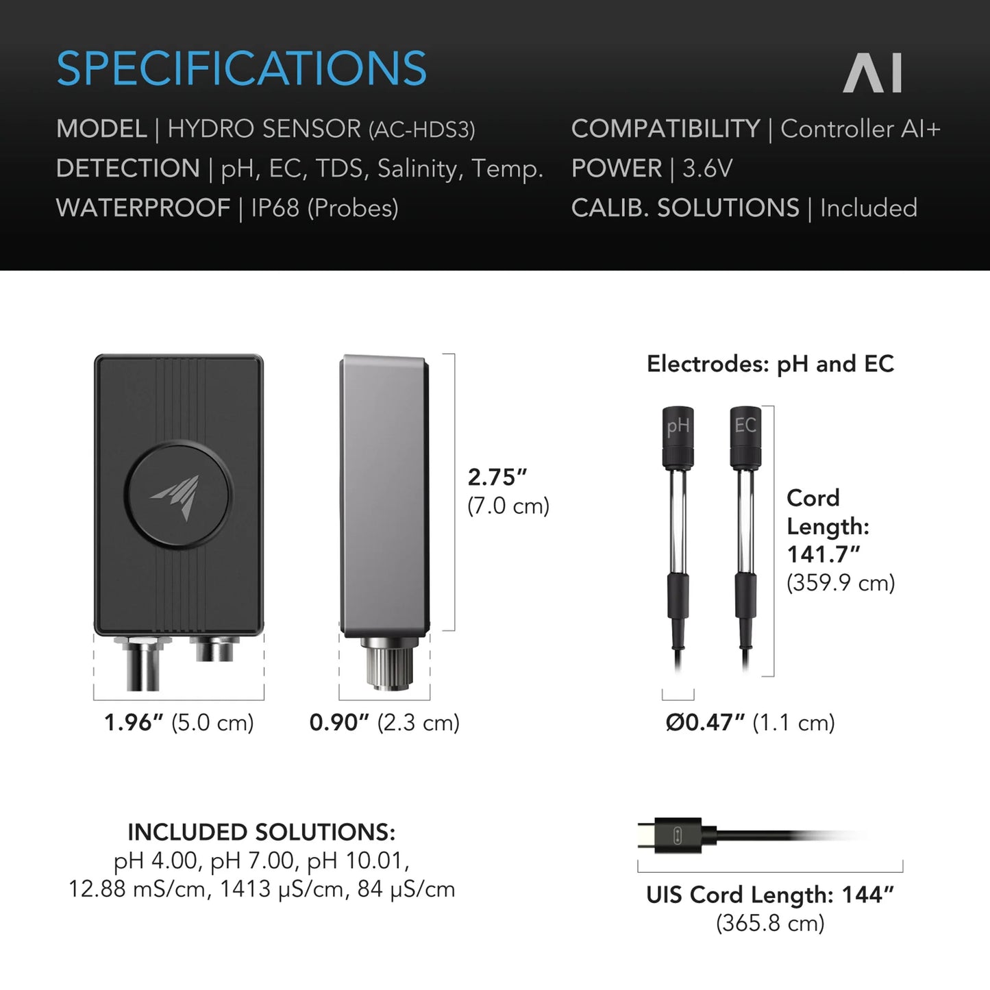 ***PRE ORDER*** Hydro Sensor for Controller AI+, Precise pH, EC, TDS and Water Temp Data Tracking, Enables Equipment Control Programming