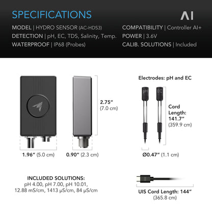 ***PRE ORDER*** Hydro Sensor for Controller AI+, Precise pH, EC, TDS and Water Temp Data Tracking, Enables Equipment Control Programming