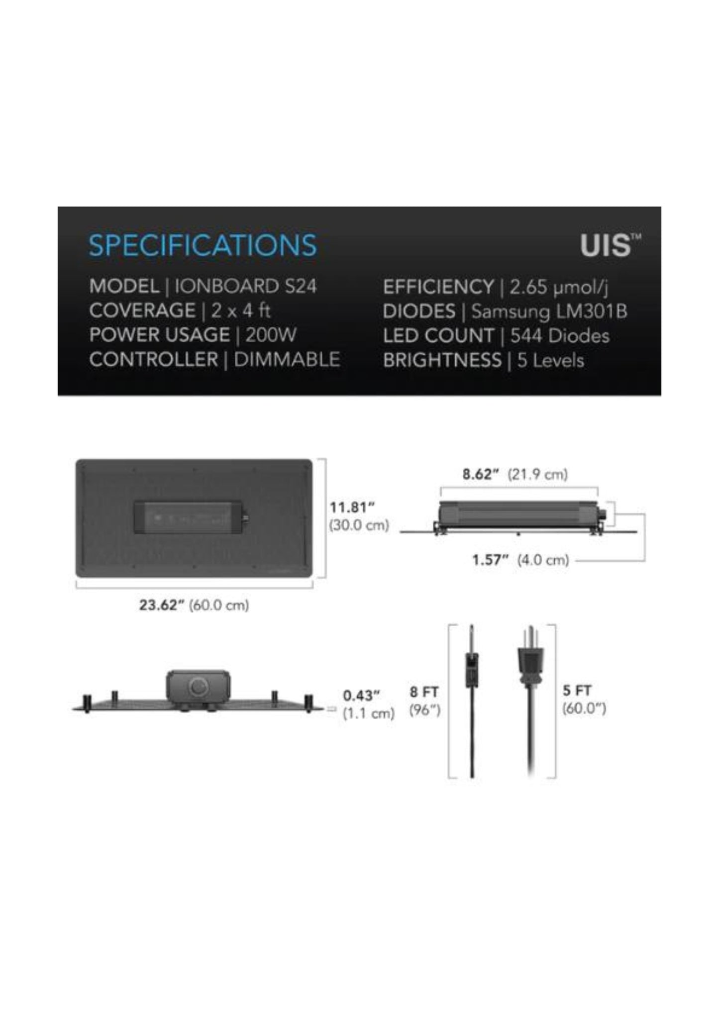 Ionboard S24 Full Spectrum LED Grow Light 200W, 60cm X 120cm