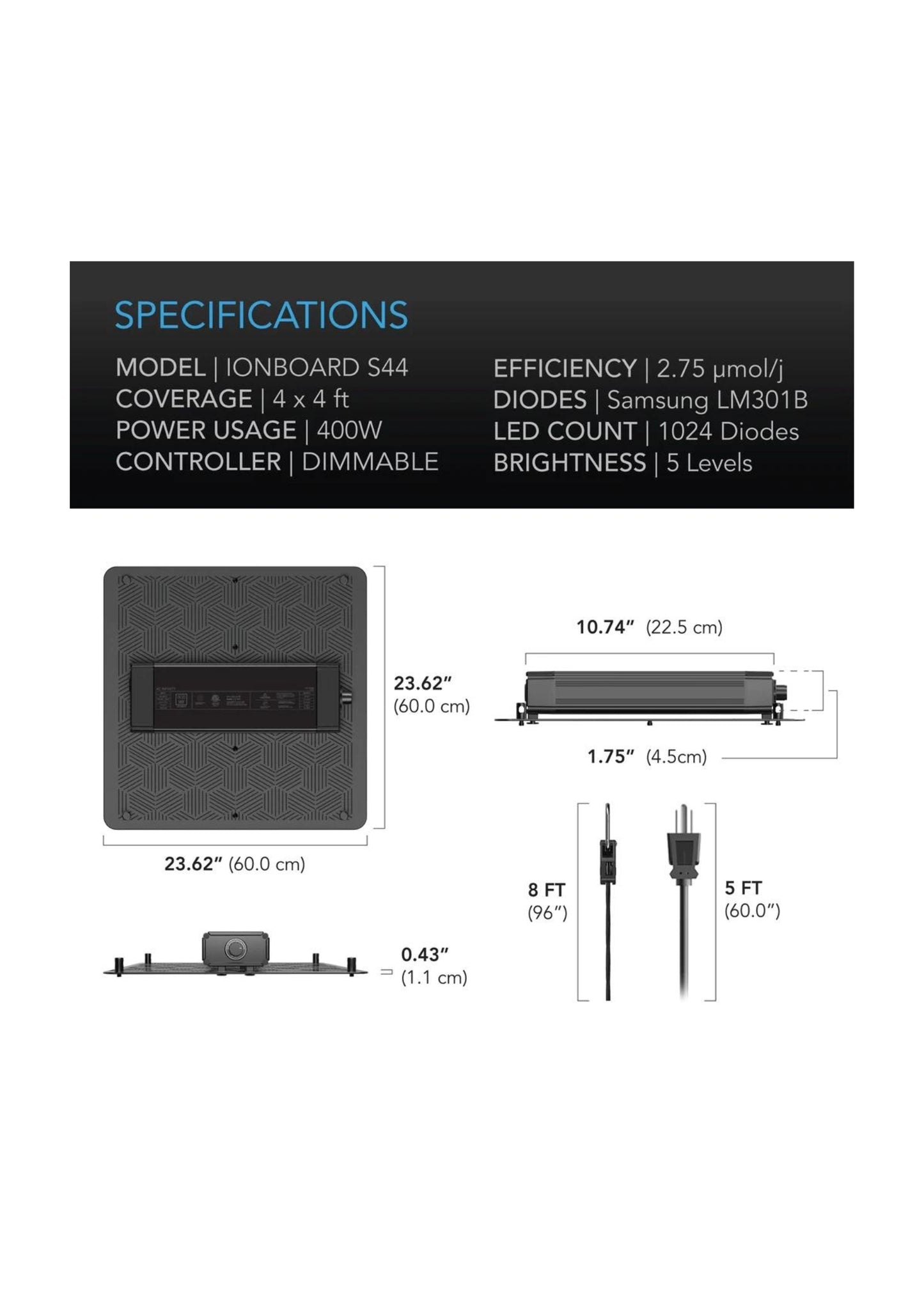 Ionboard S44 Full Spectrum LED Grow Light 400W, 120cm X 120cm