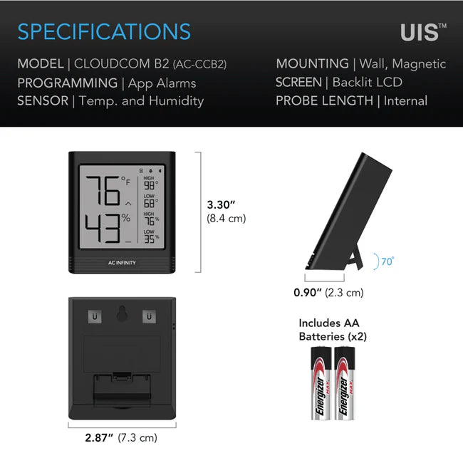 Cloudcom B2, Smart Thermo-Hygrometer With Data App, Integrated Sensor Probe