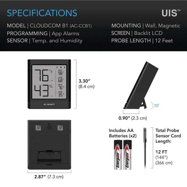 Cloudcom B1, Smart Thermo-Hygrometer With Data App, 12 Ft. Sensor Probe